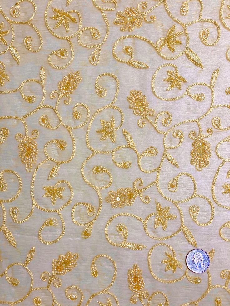 Embroidered Organza Fabric with Gold Sequins | Decorative Sheer Fabric
