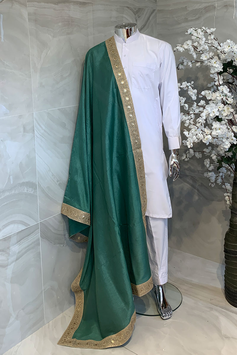 Men's Banarasi Silk Dupatta | Emerald Green with Gold Border